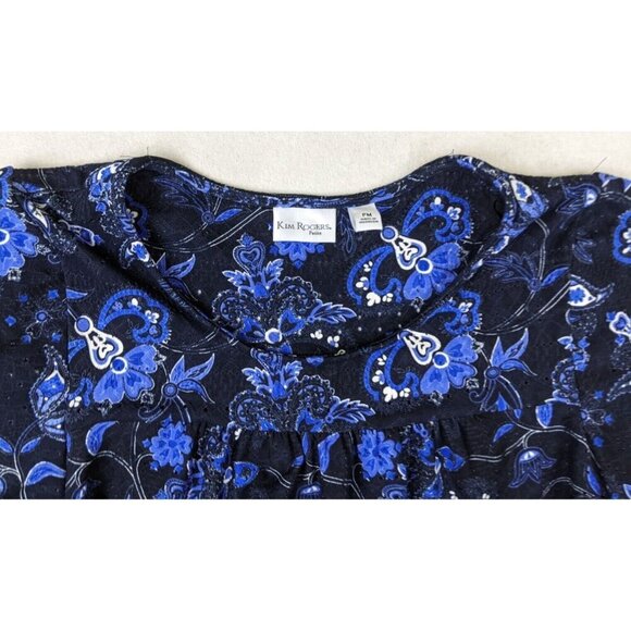 KIM ROGERS - WOMEN'S BLUE FLORAL PRINT SHORT SLEEVE STRETCH KNIT TOP - SIZE PM - Picture 4 of 7